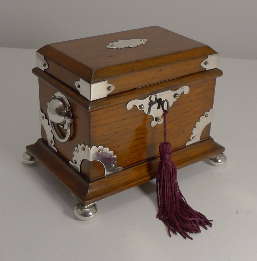 Antique English Oak and Silver Plate Tea Caddy c.1890