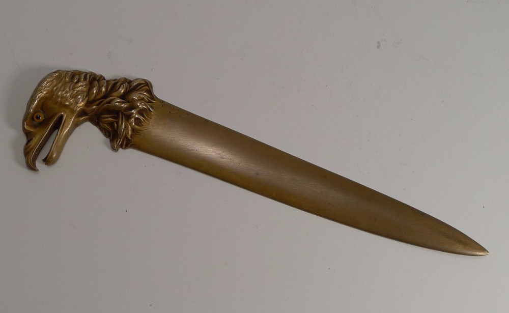 Antique French Figural Bronze Letter Opener c.1900 - Eagle With Glass Eye - Signed