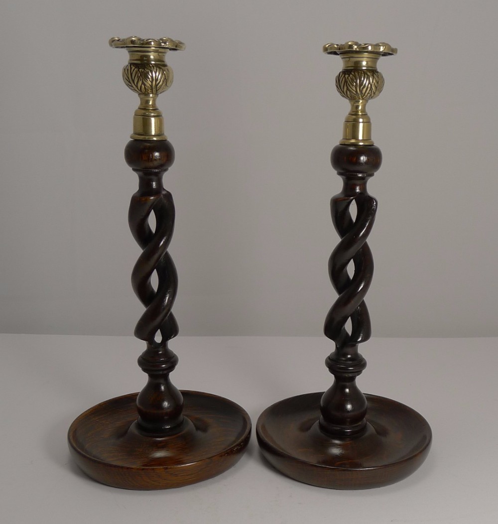 Pair Antique English Oak Open Barley Twist Candlesticks - Brass Thistle Tops