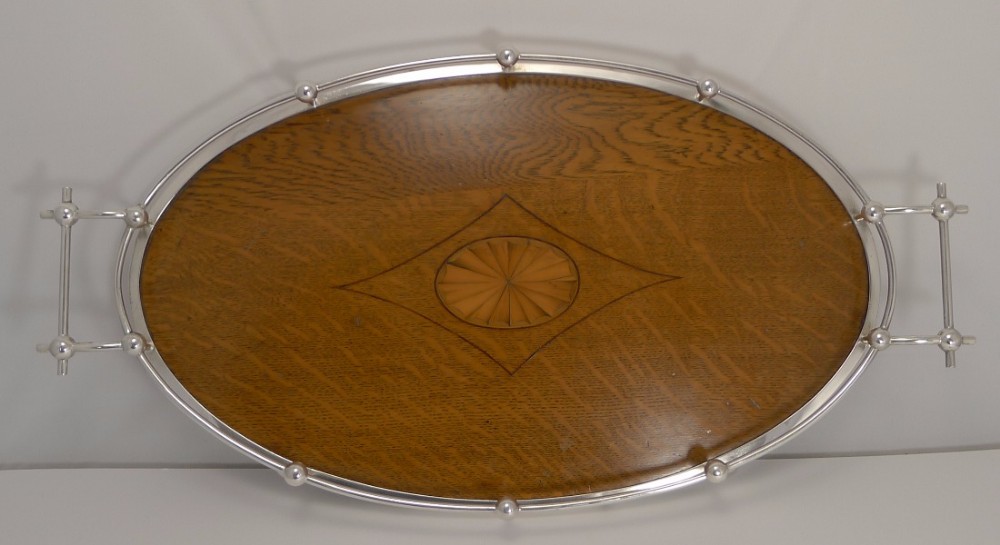 Antique English Inlaid Oak and Silver Plate Tray by Charles James Allen