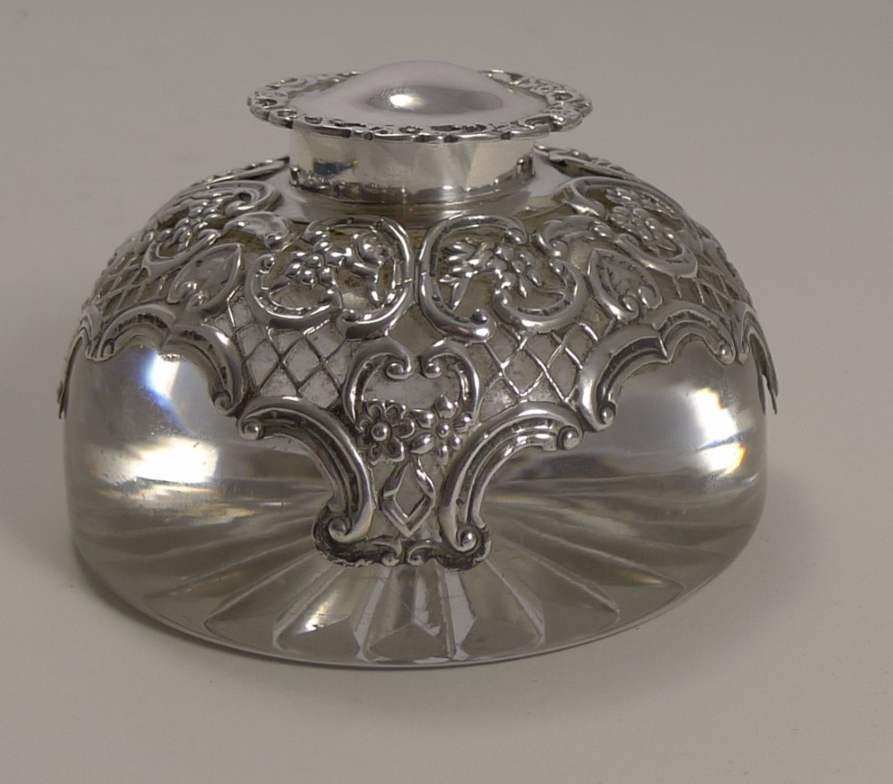 Large English Glass & Sterling Silver Inkwell by William Comyns - 1902
