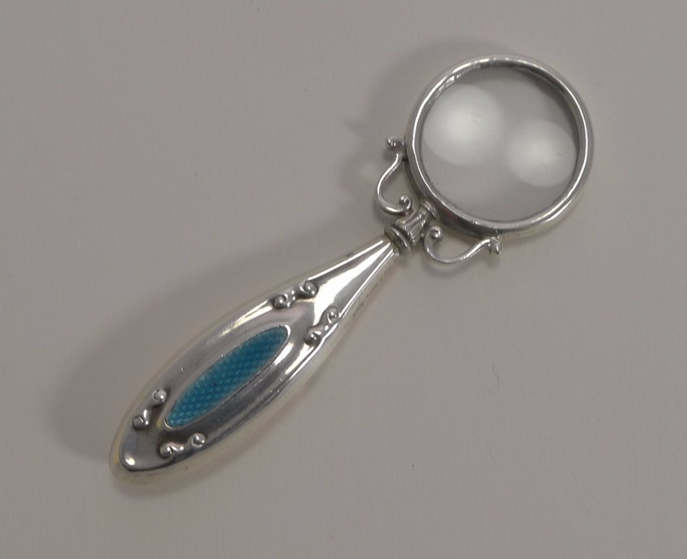 Pretty Antique Art Nouveau and Sterling Silver Magnifying Glass - Guilloche Enamel