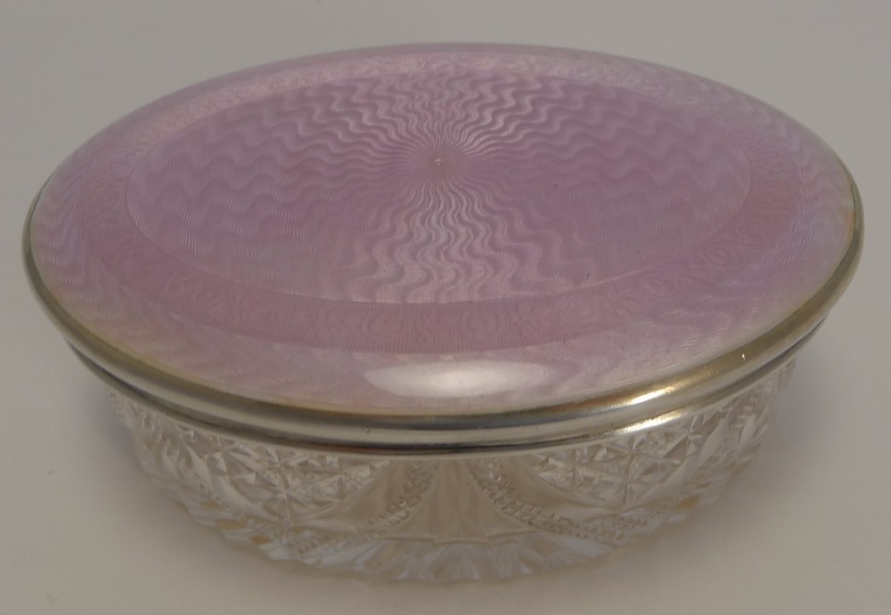 Superb David Anderson Sterling Silver and Guilloche Enamel Lidded Cut Crystal Box c.1910