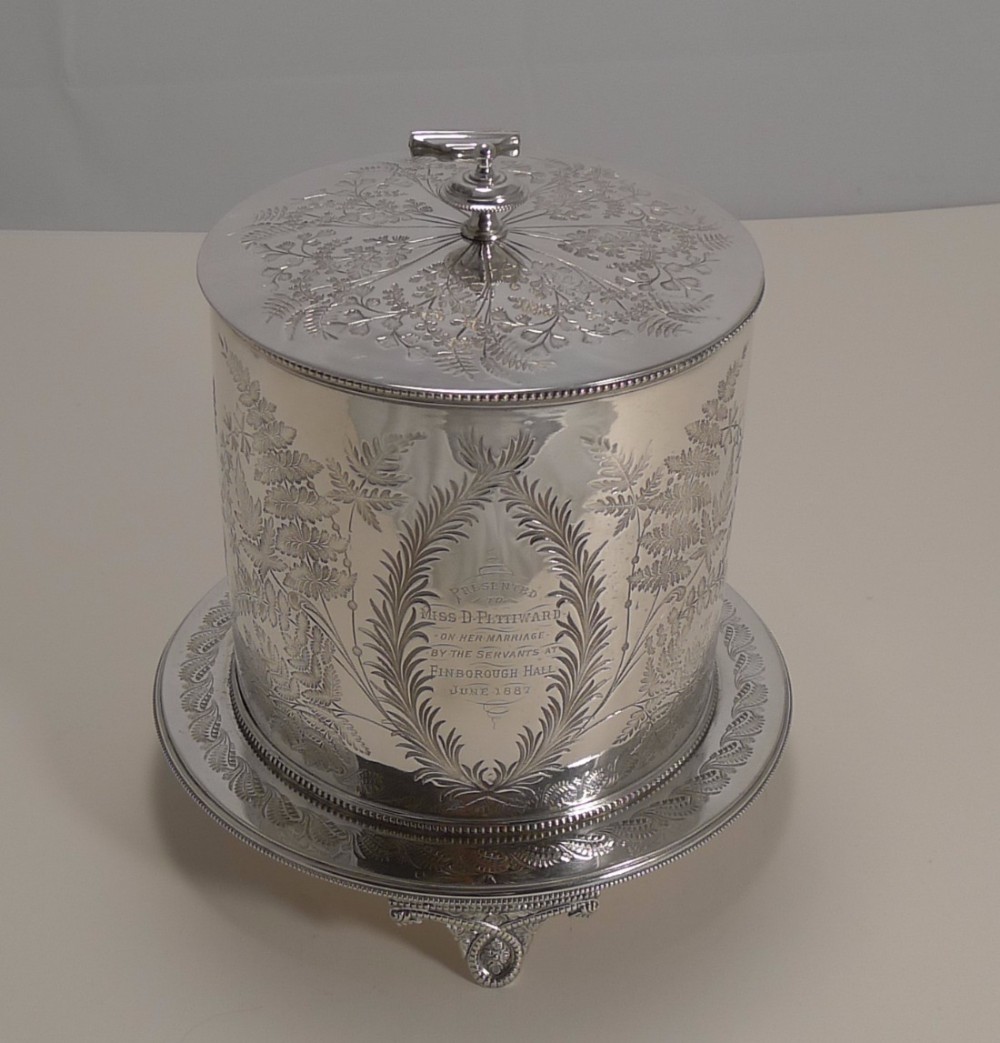 Antique English Fern Engraved Biscuit Box In Silver Plate Dated 1887
