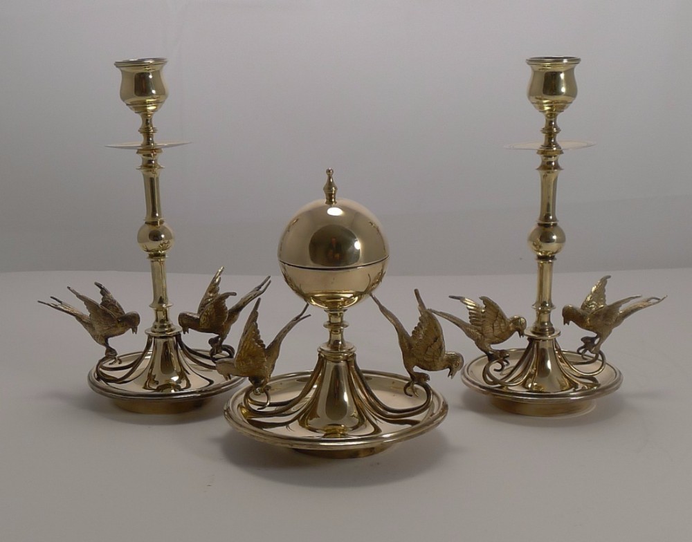 Stunning Antique English Figural Brass Candlesticks and Inkwell - Swallows