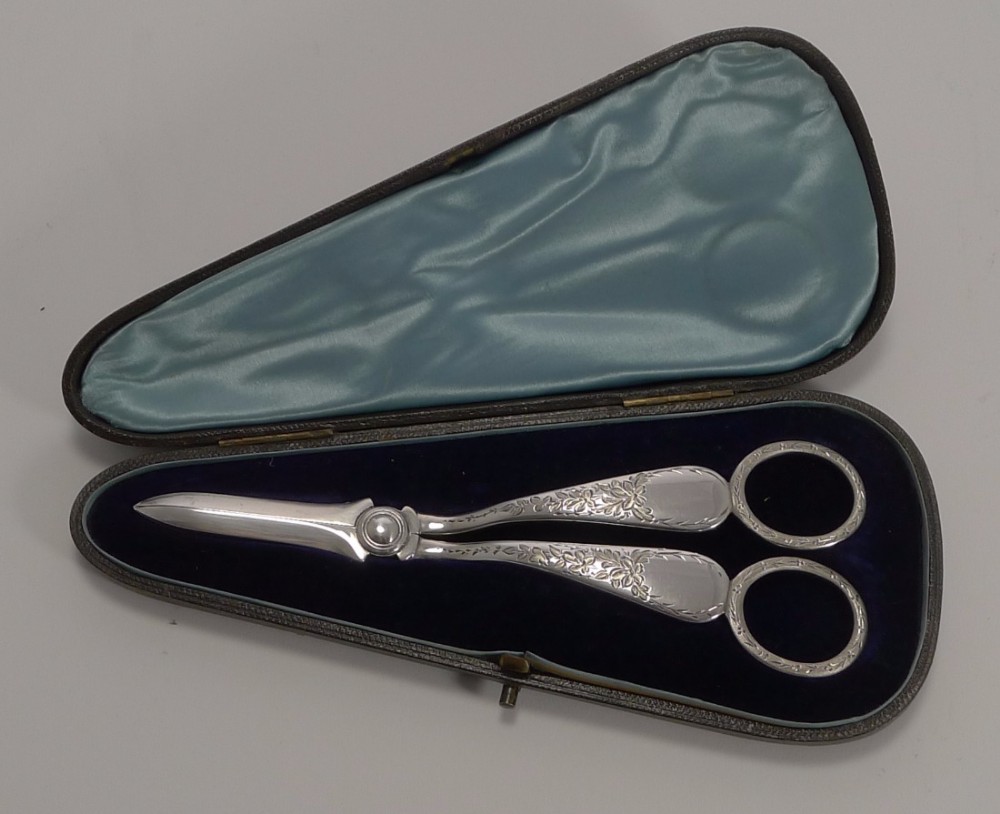 Elegant Pair English Sterling Silver Grape Shears - 1891