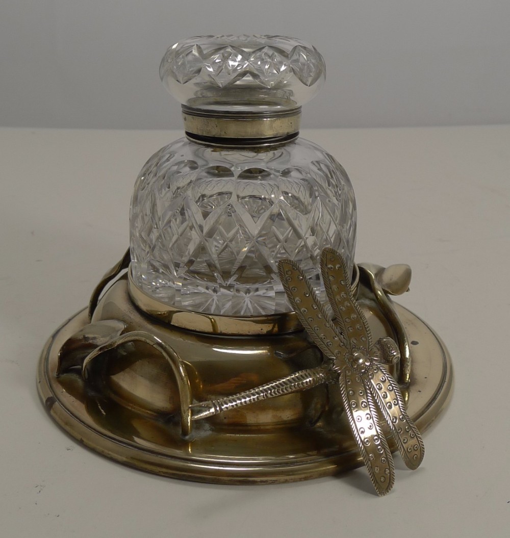 Rare Antique English Art Nouveau Inkwell - Dragonfly c.1890
