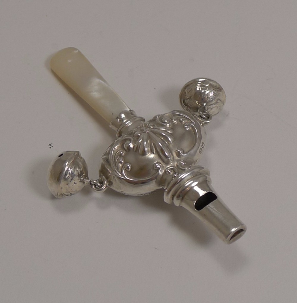 Antique English Sterling Silver Baby Rattle With Whistle - 1911