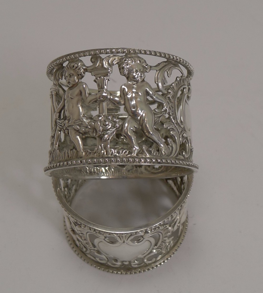 Stunning Pair Antique English Sterling Silver Napkin Rings - Cherubs