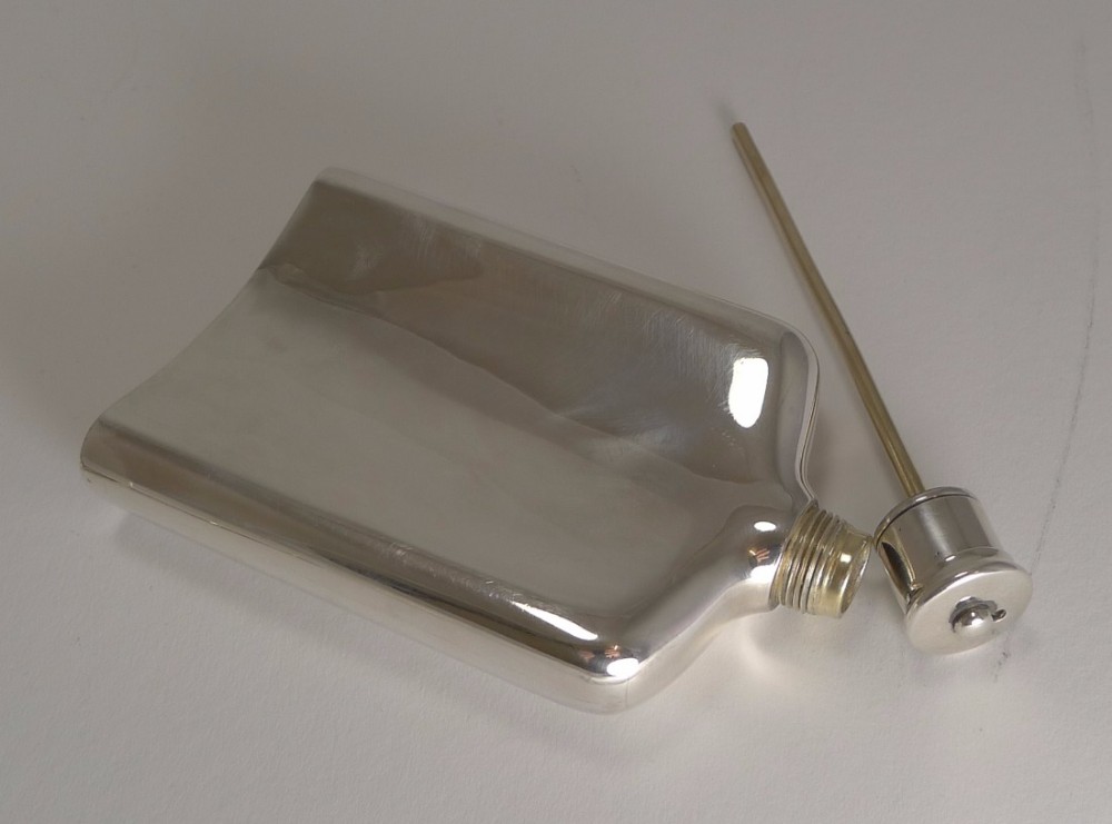 Early Antique English Campaign Sterling Silver Hip Flask With Straw - 1855
