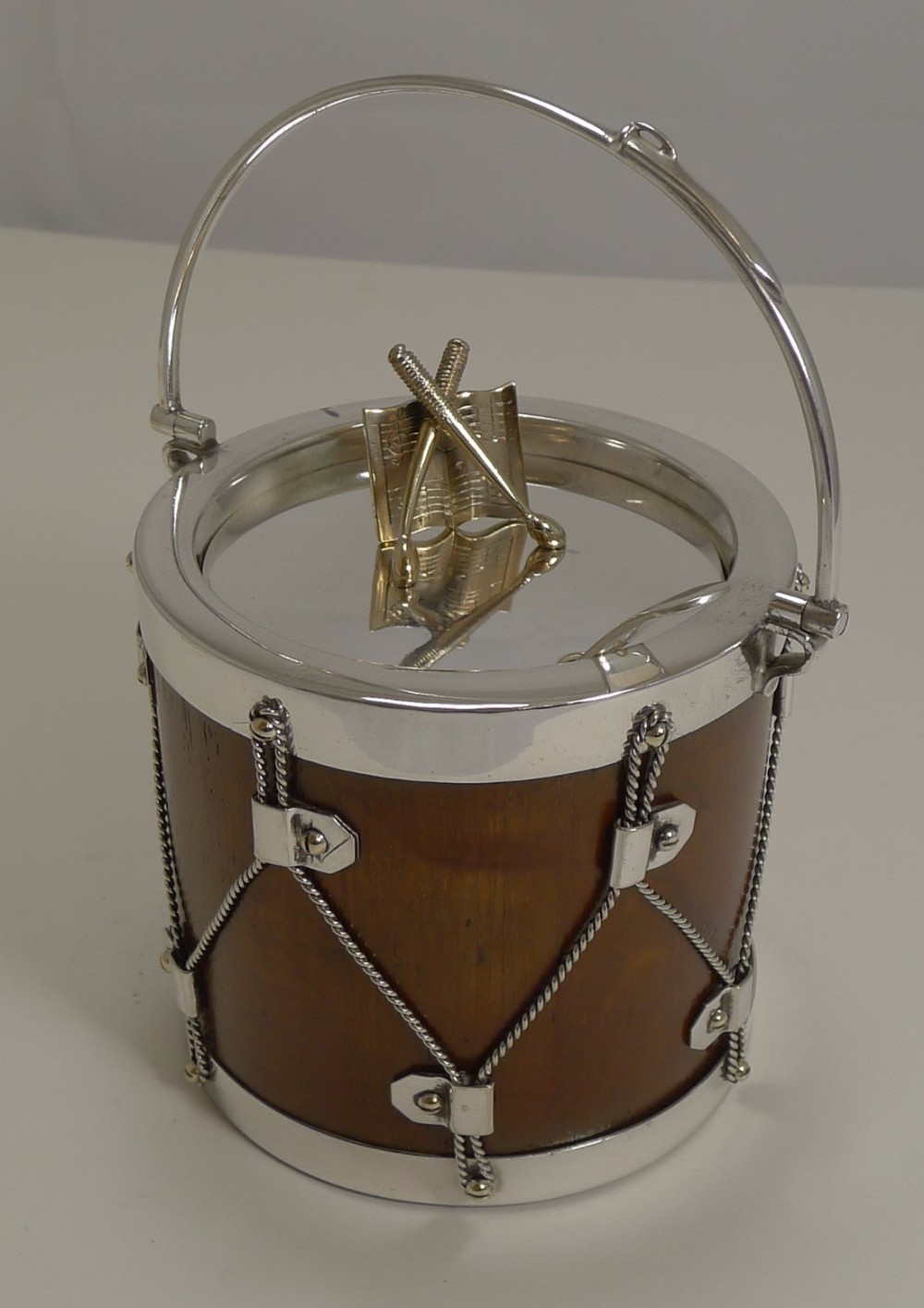 Antique Novelty Oak & Silver Plated Preserve Jar - Musical Drum c.1890