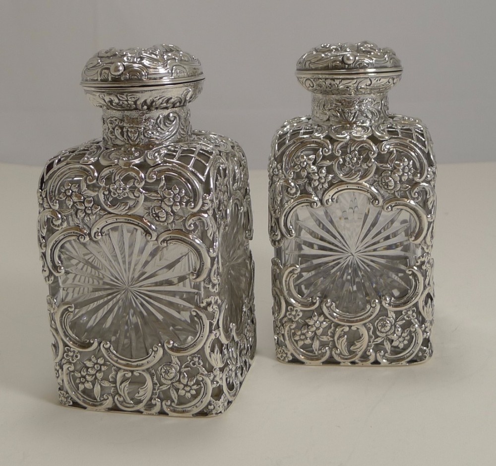 Finest Pair Victorian Sterling Silver and Cut Crystal Perfume Bottles by William Comyns