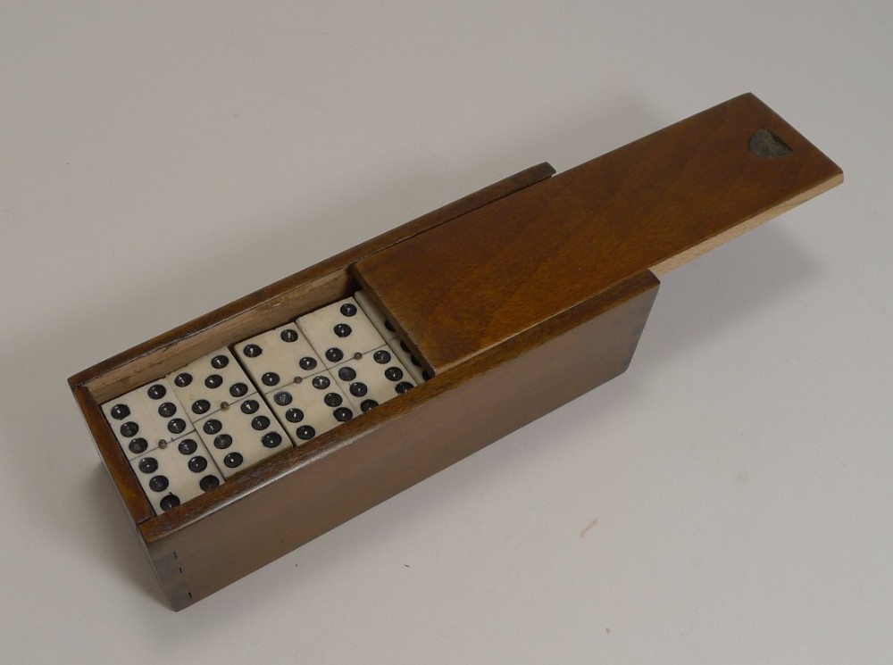 Antique English Boxed Set Bone & Ebony Wood Dominoes c.1890
