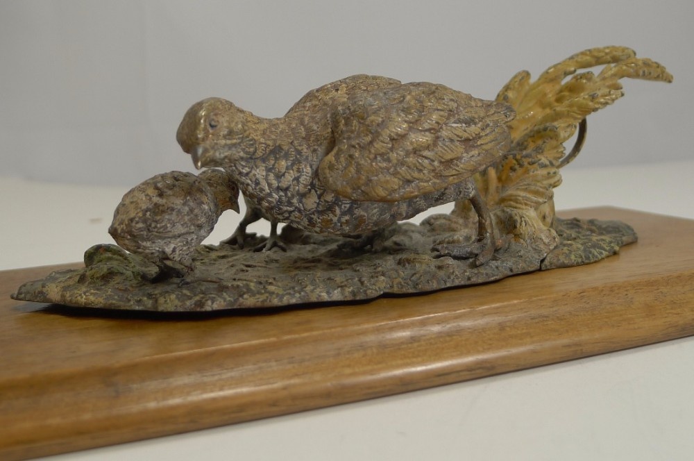 Large Cold Painted Bronze Desk Letter Clip - Game Birds - Quail With Chicks c.1890