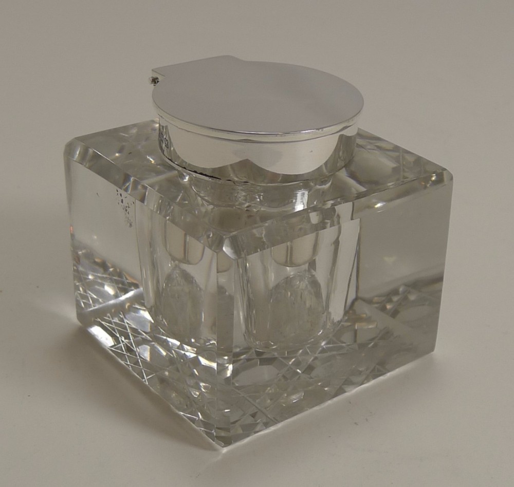 English Cut Crystal and Sterling Silver Inkwell by John Grinsell and Sons