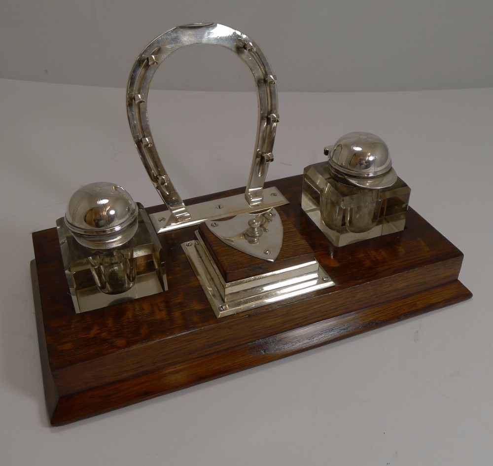 Fine Antique English Oak and Silverplate Equestrian Inkwell c.1890