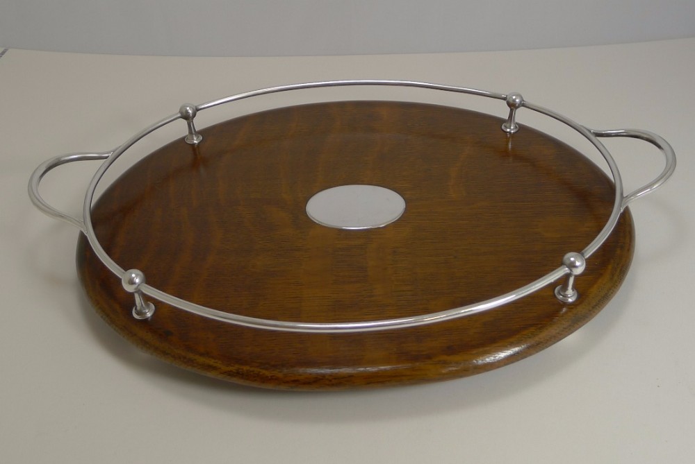 Antique English Oak and Silver Plated Serving Tray c.1910