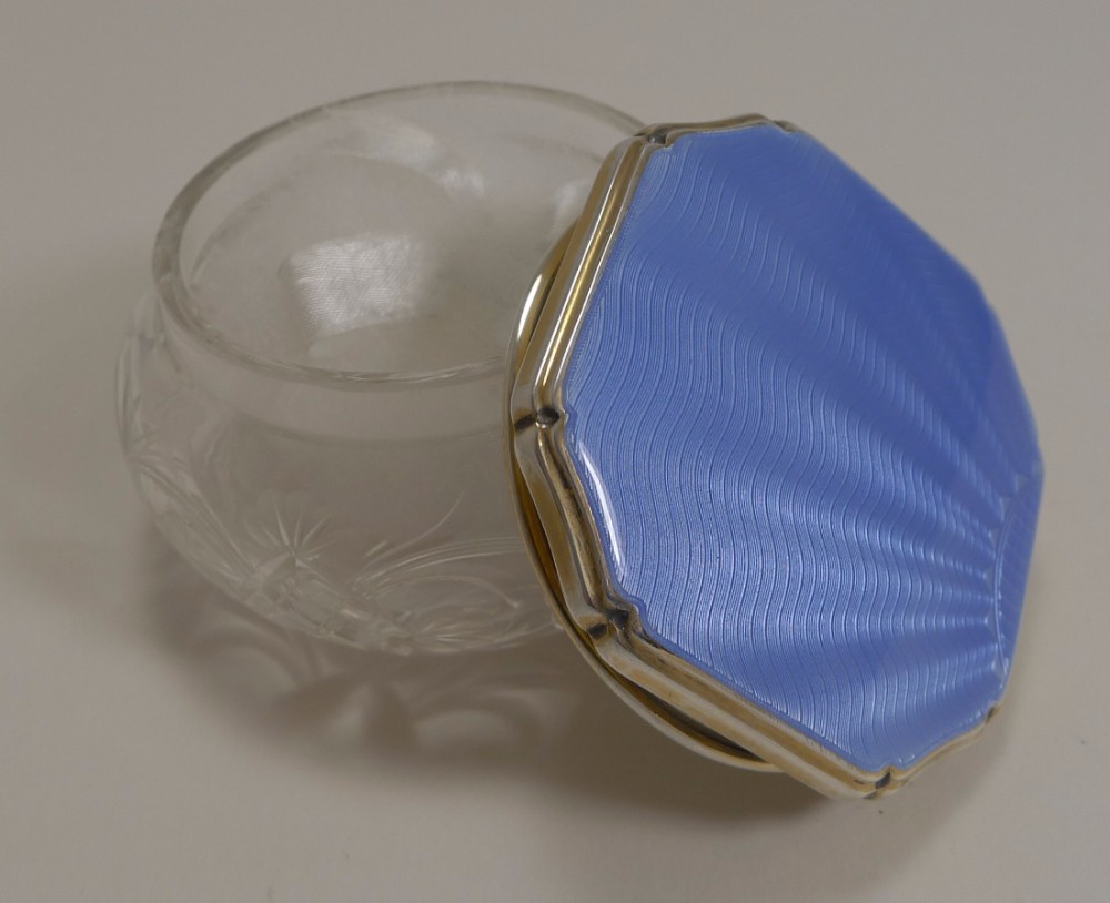 Fine Quality Vintage Crystal and Sterling Silver / Guilloche Enamel Powder Bowl