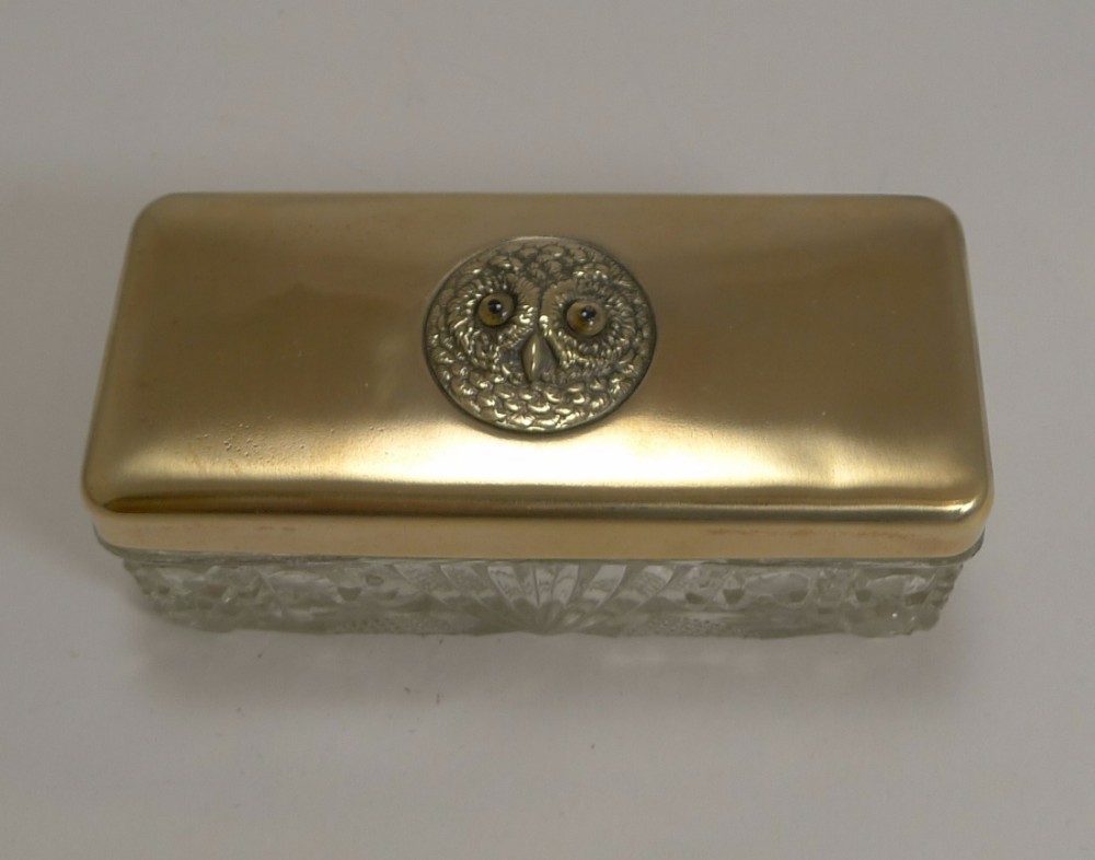 Antique English Glass and Brass Box - Owl With Glass Eyes c.1900