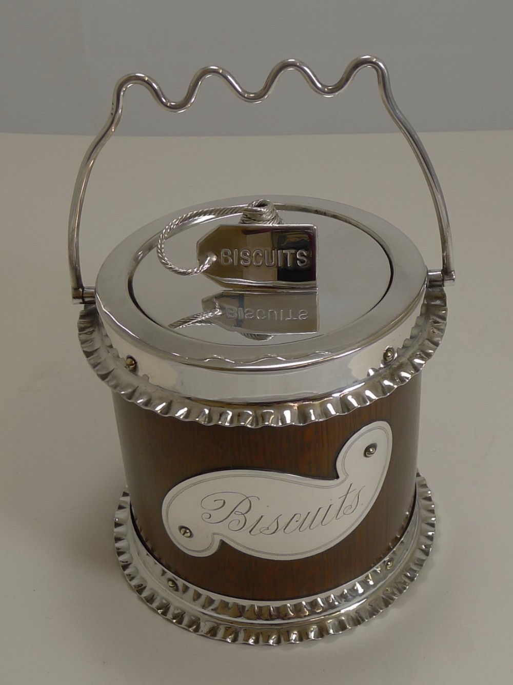 Antique English Silver Plate and Oak Biscuit Box by Walker and Hall