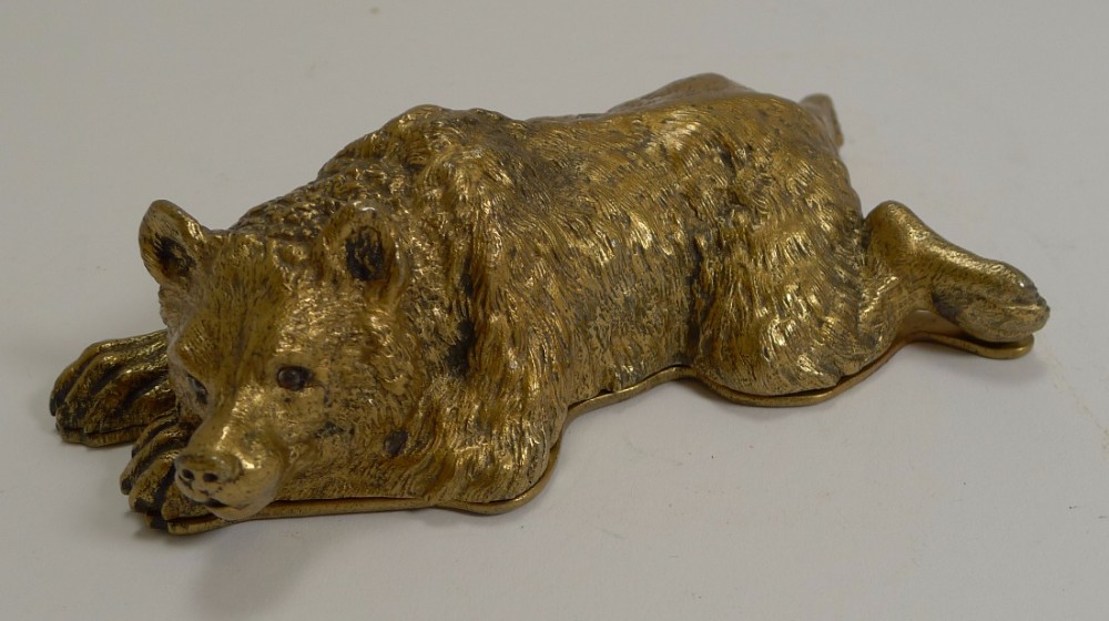 Fabulous Antique Bronze Figural Triple Postage Stamp Box - Bear c.1890