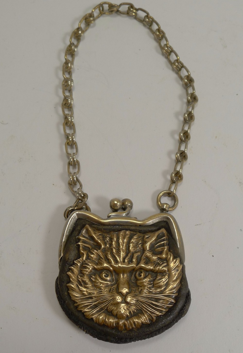 Small Antique Leather and Brass Coin Purse - Cat c.1880