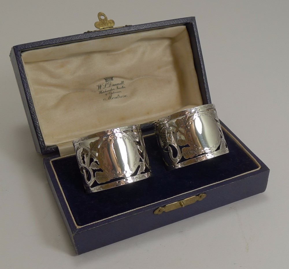 Superb Boxed Pair Antique English Sterling Silver Napkin Rings