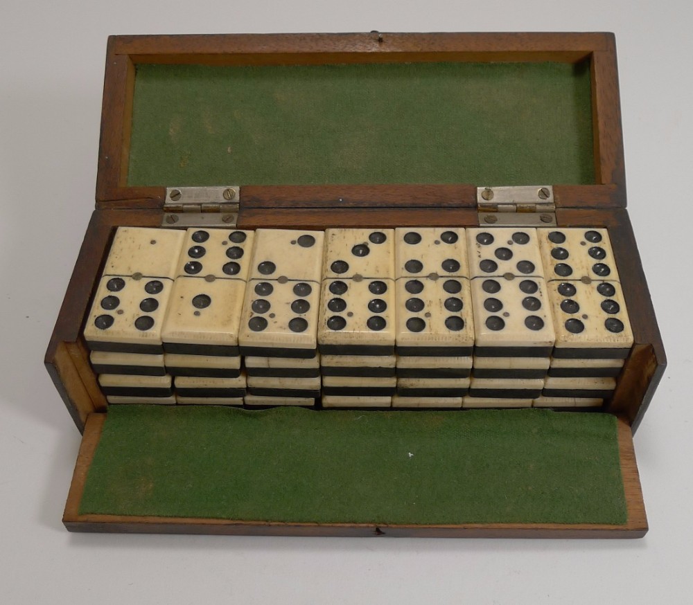 Boxed Set Antique English Bone and Ebony Dominoes c.1900