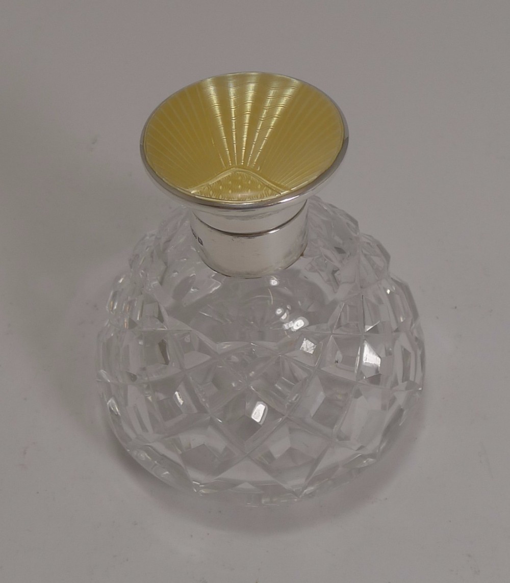 Art Deco Cut Crystal Perfume Bottle, Sterling Silver and Guilloche Enamel Top