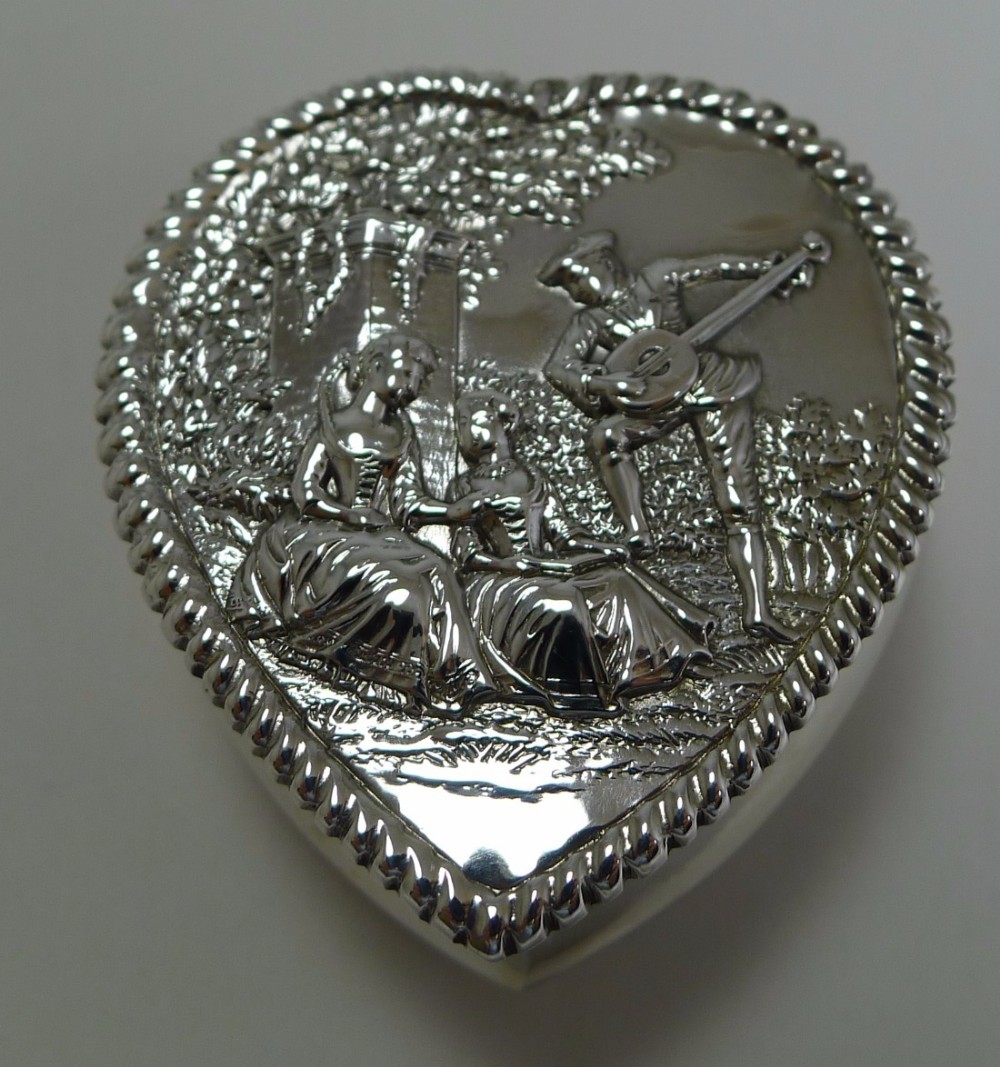 Pretty English Victorian Figural Heart Shaped Pill Box In Sterling Silver