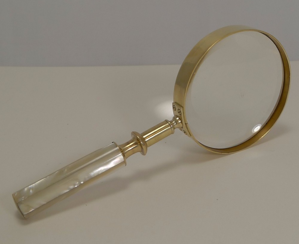 Antique English Brass and Mother of Pearl Magnifying Glass Dated 1891