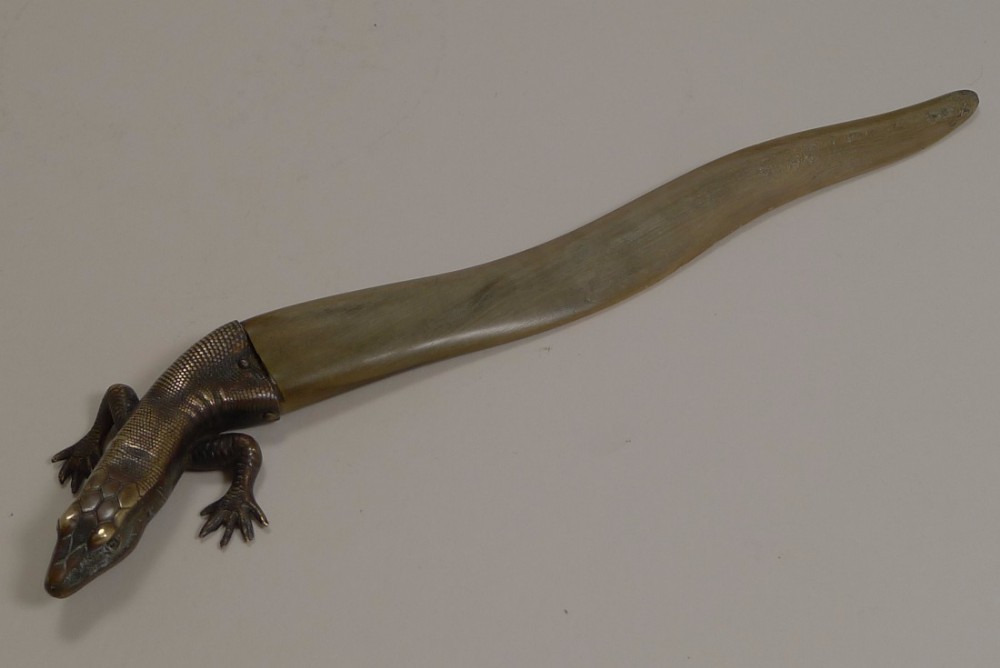 Antique English Horn & Brass Figural Letter Opener - Lizard
