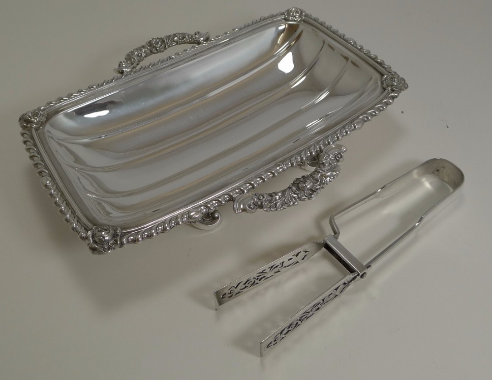 Superb Antique English Silver Plated Asparagus Dish and Tongs c.1880