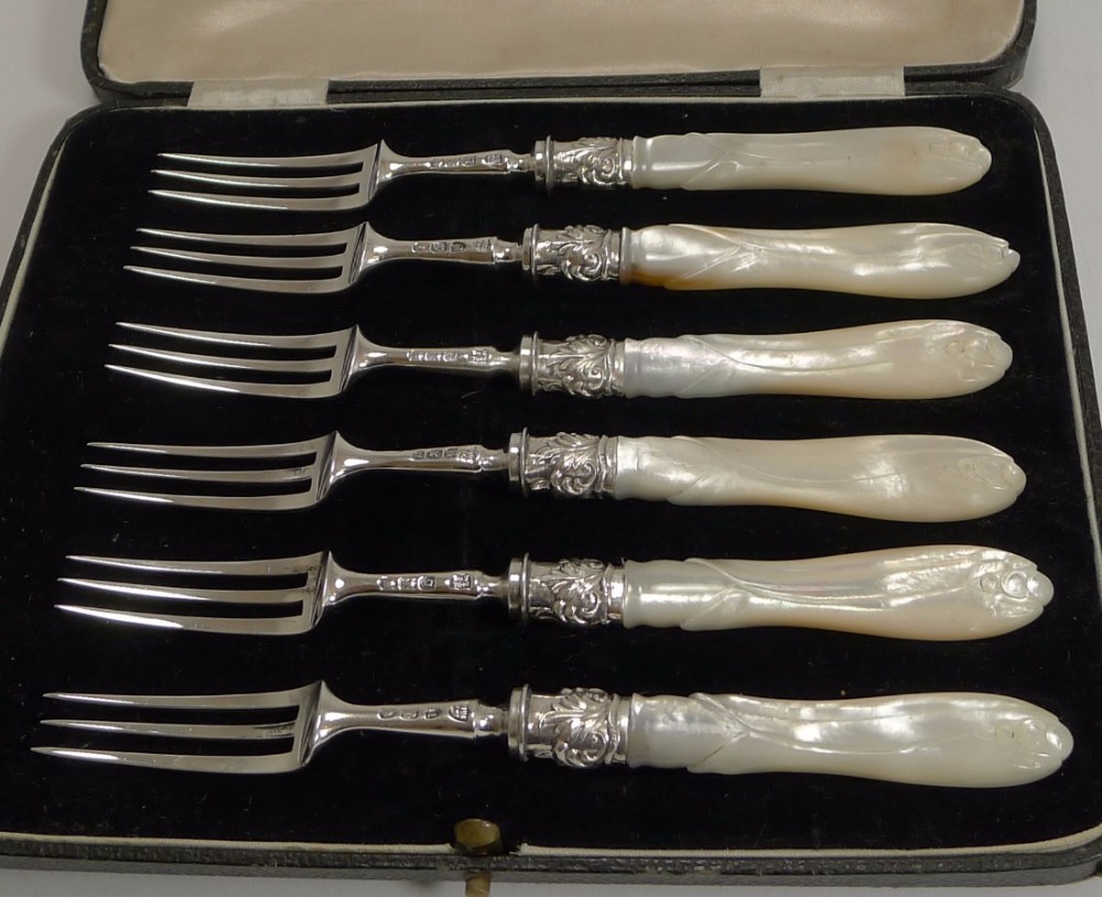 Antique English Sterling Silver & Mother of Pearl Cake or Desert Forks - 1895