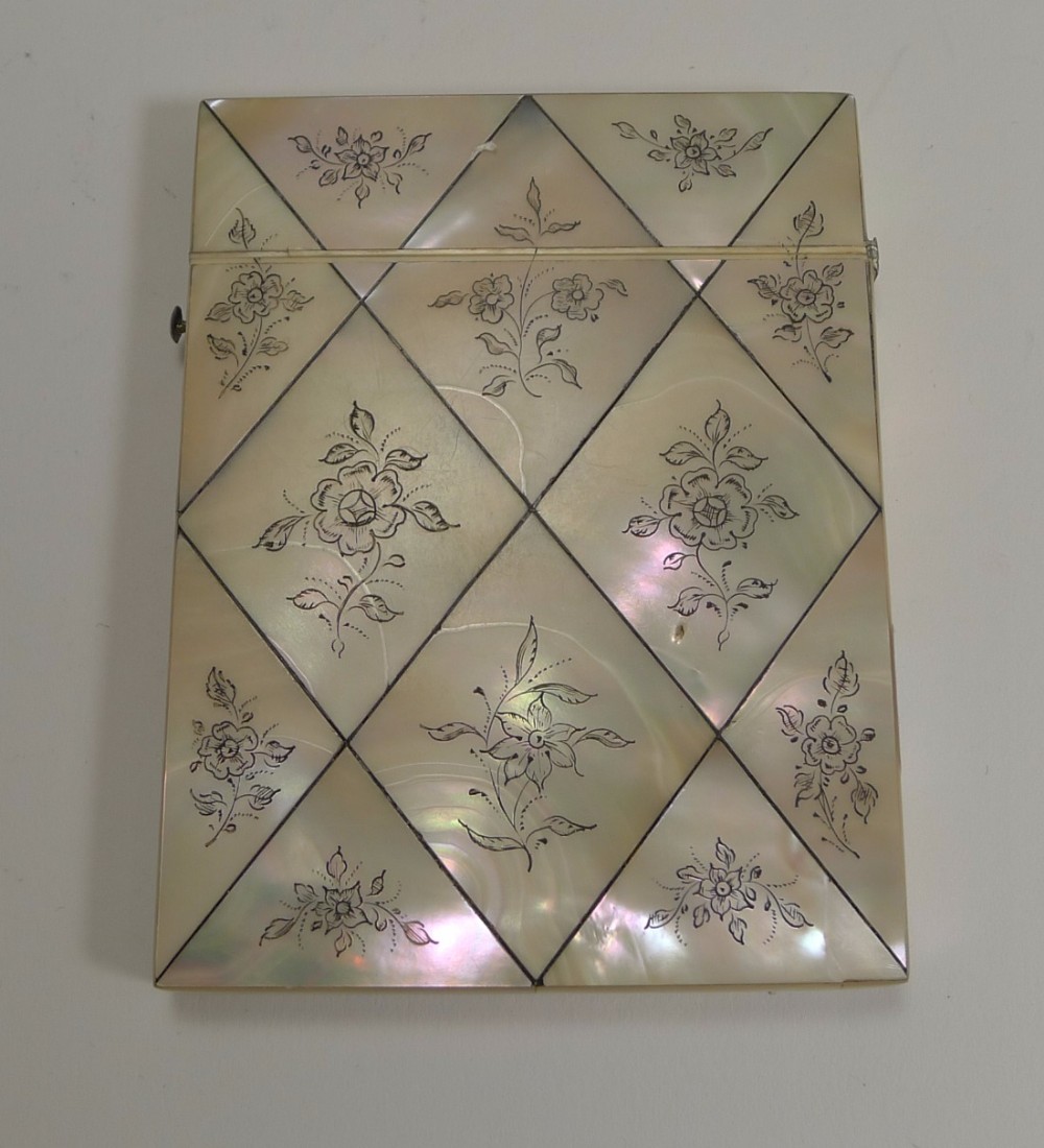 Exquisite Antique English Floral Engraved Mother of Pearl Card Case c.1860