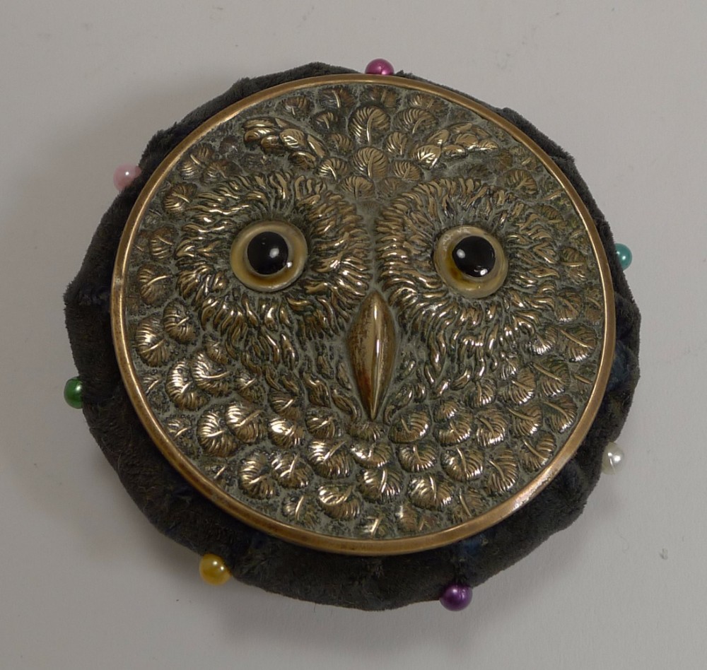 Antique Brass Novelty Pin Cushion - Owl With Glass Eyes c.1900