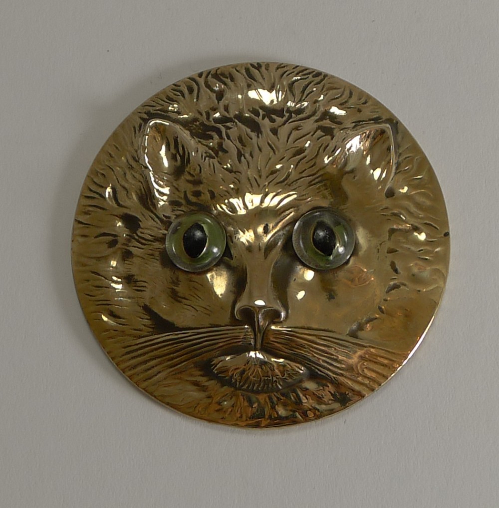 Small Antique English Brass Mirror With Original Glass Eyes c.1900 - Cat