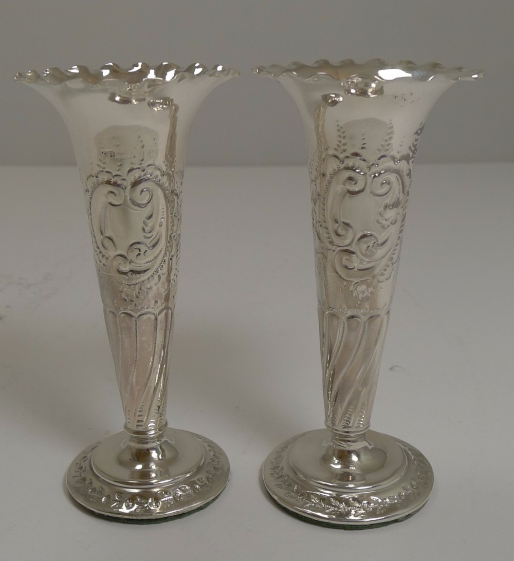 Pair Antique English Silver Posy Vases - Birmingham 1898 by Colen Hewer Cheshire.