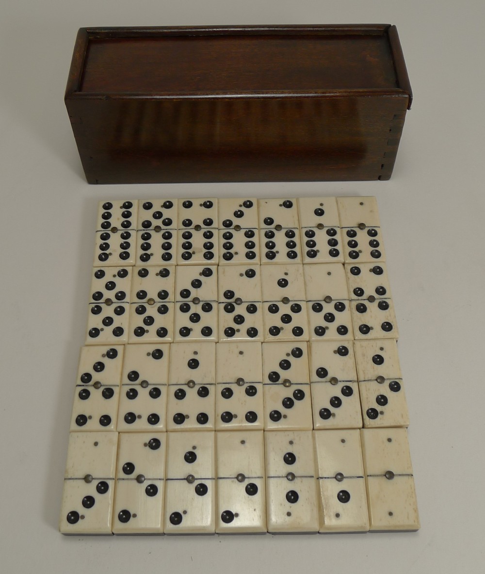 Antique English Boxed Set Bone & Ebony Wood Dominoes c.1890