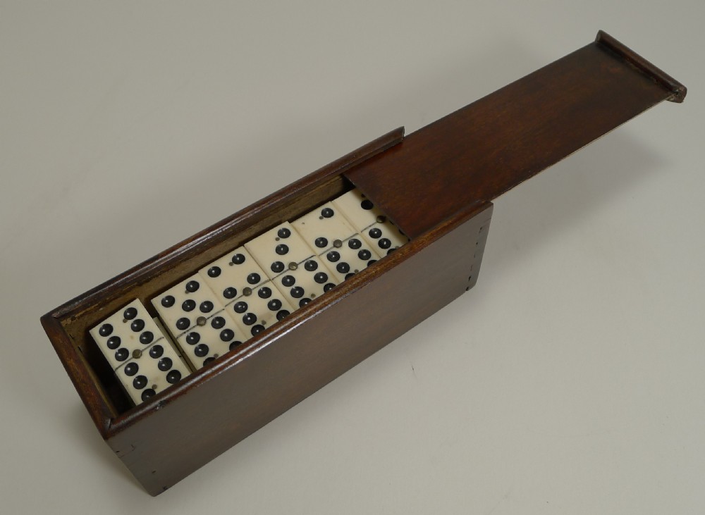 Antique English Boxed Set Bone & Ebony Wood Dominoes c.1890 View IX