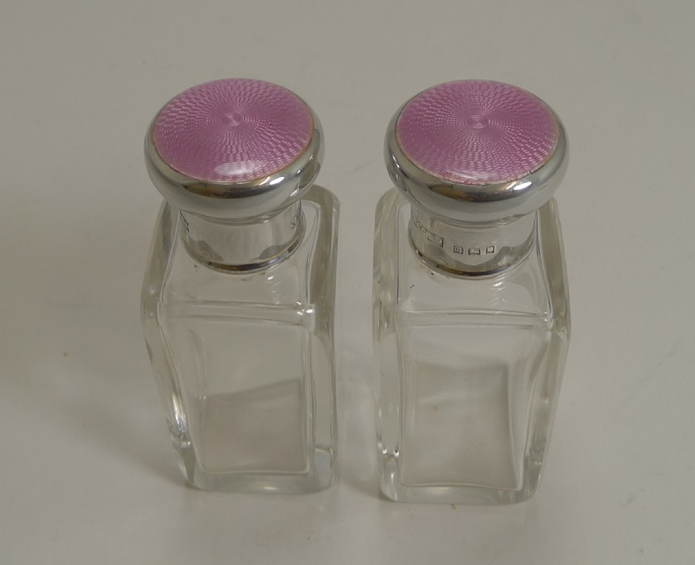 Pair Vintage English Sterling Silver & Pink Enamel Topped Scent Bottles - Asprey, London