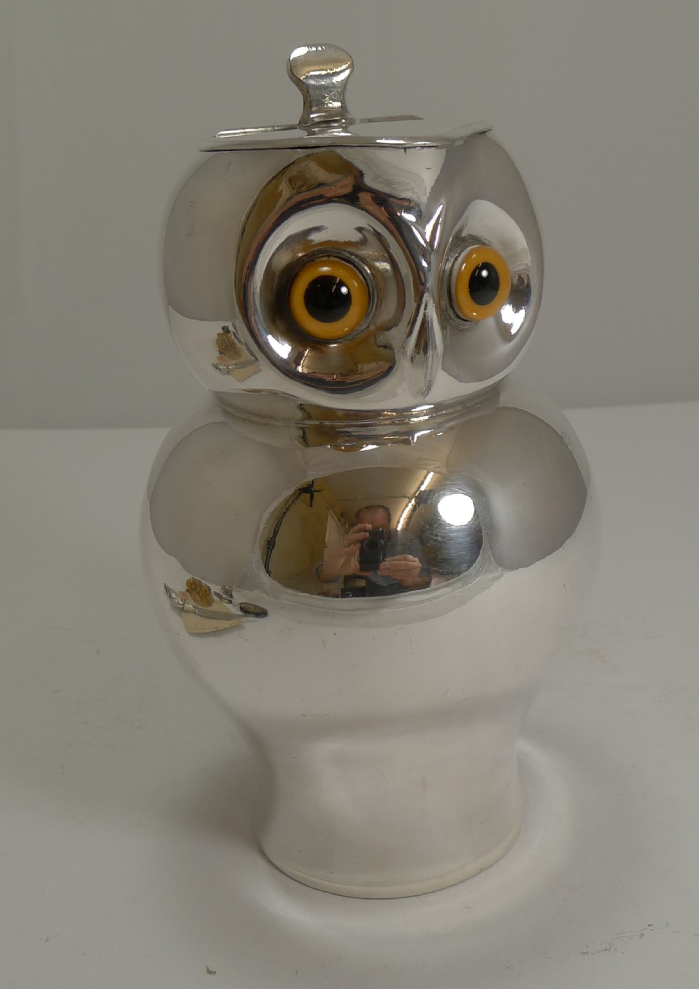 Rare Antique English Novelty Silver Plated Jug - Owl With Glass Eyes c.1910