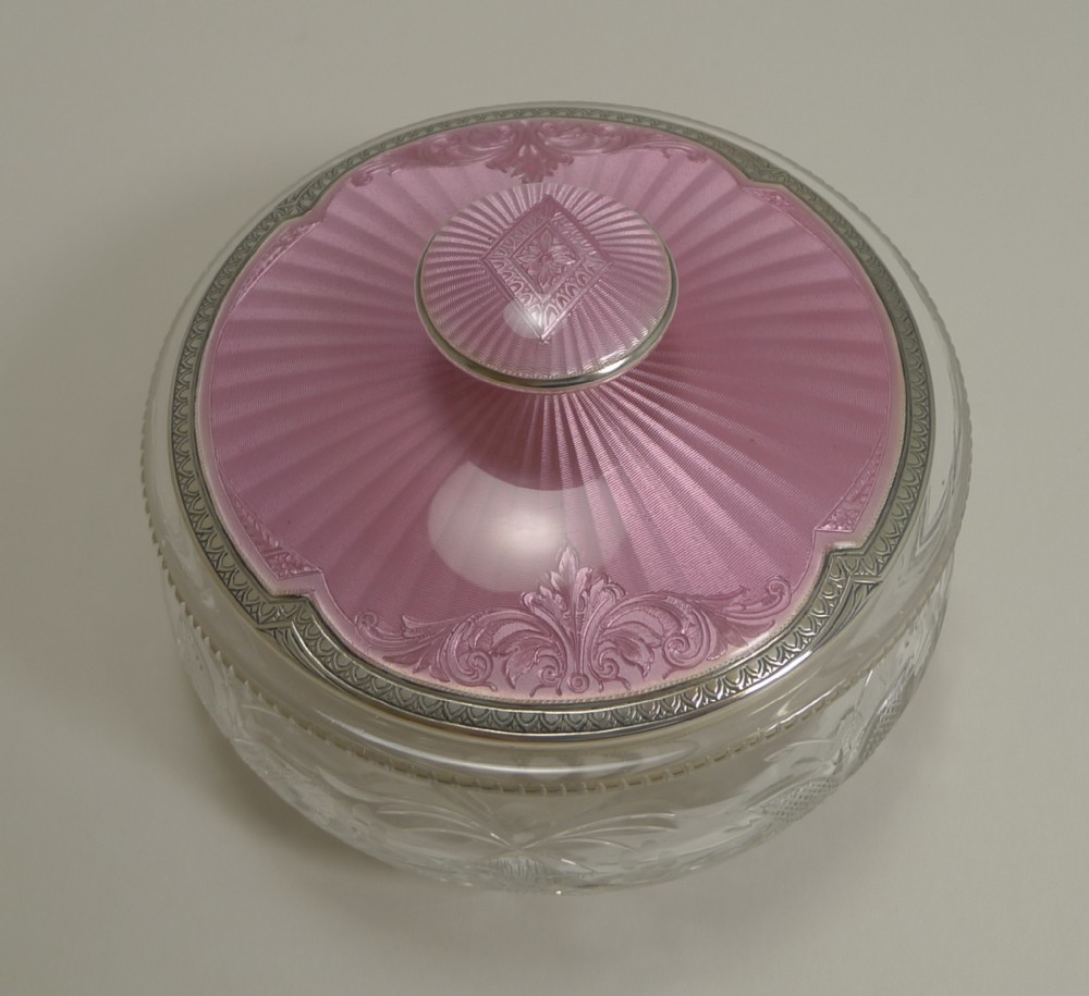 Finest Quality English Sterling Silver & Guilloche Enamel Lidded Box