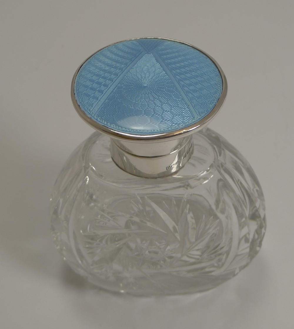 Art Deco Sterling Silver and Blue Guilloche Enamel Topped Perfume Bottle