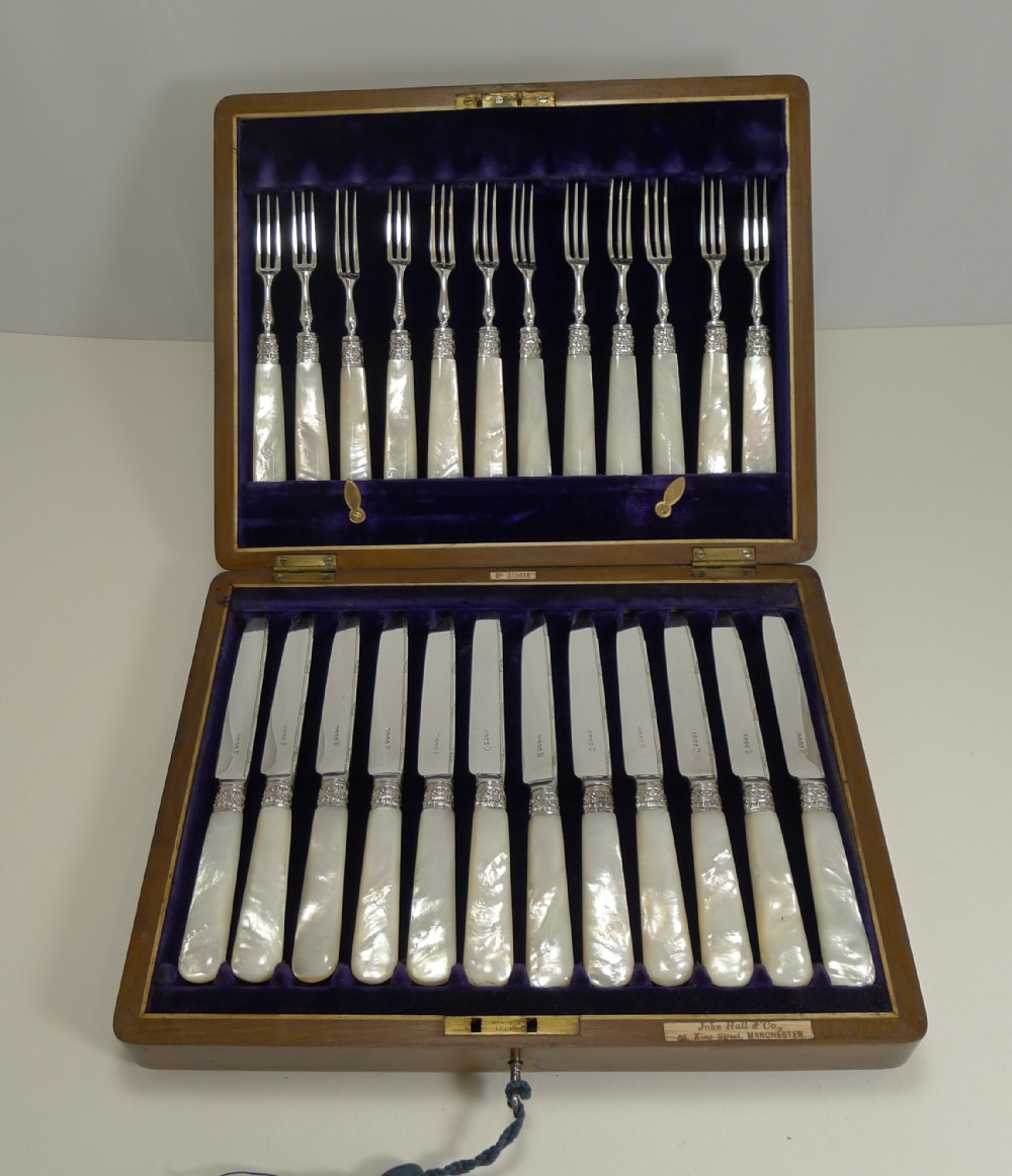 Antique English Silver Plate & Mother of Pearl Fruit Eaters - Sterling Ferrules - 1902