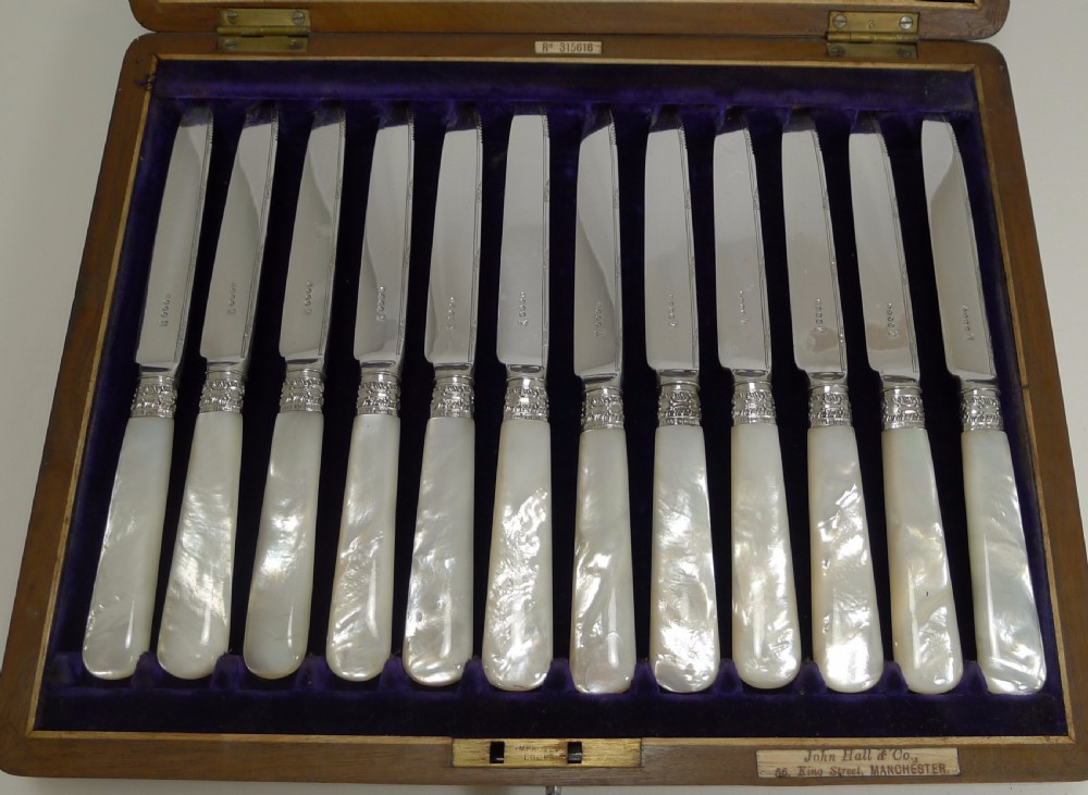 Antique English Silver Plate & Mother of Pearl Fruit Eaters - Sterling Ferrules - 1902 View II