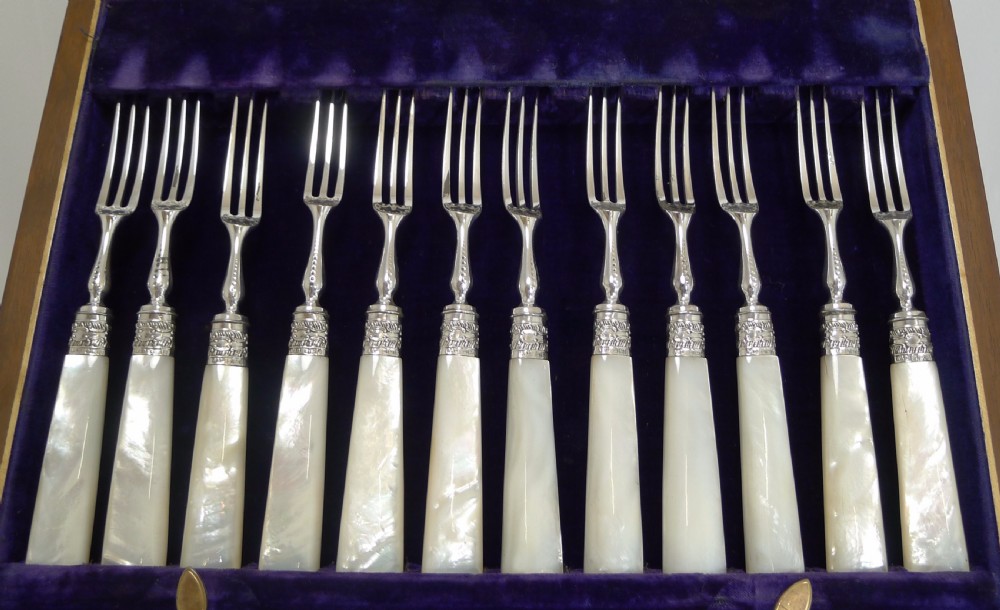 Antique English Silver Plate & Mother of Pearl Fruit Eaters - Sterling Ferrules - 1902 View III