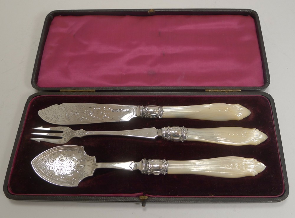 Antique English Sterling Silver and Mother of Pearl Serving Set
