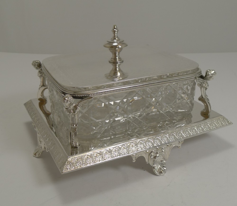 Antique English Cut Crystal and Silver Plate Butter Dish - Winged Cherubs