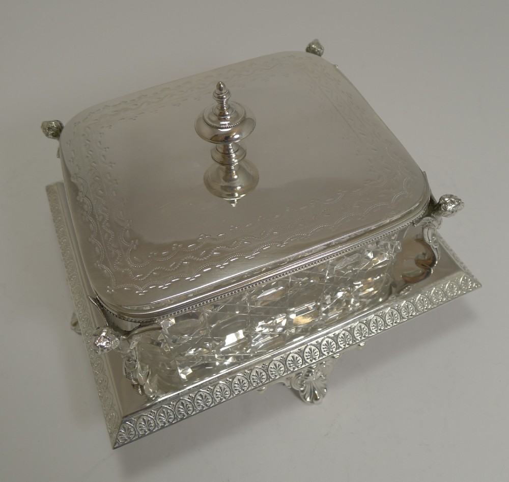 Antique English Cut Crystal and Silver Plate Butter Dish - Winged Cherubs View II